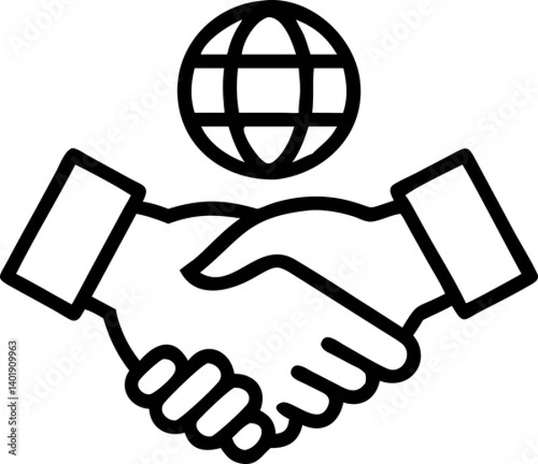 Fototapeta black and white icon depicts two hands shaking beneath globe, symbolizing global cooperation and partnership. simple design conveys unity and collaboration