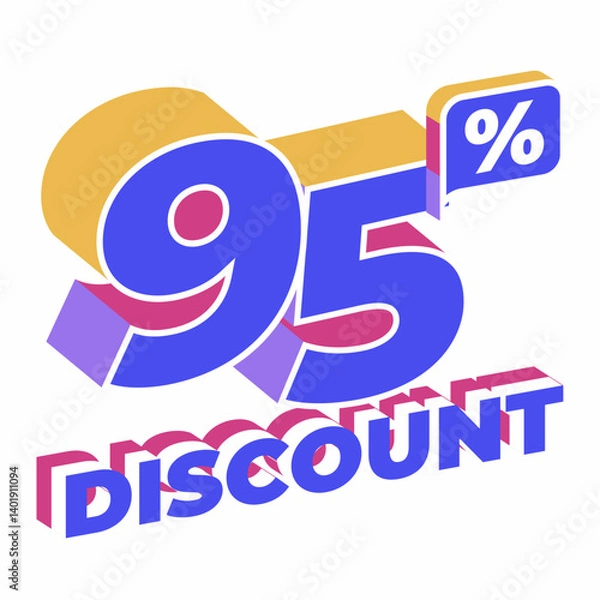 Fototapeta 3D isometric 95% Discount text with vibrant colors, perfect for sales, promotions, and marketing materials