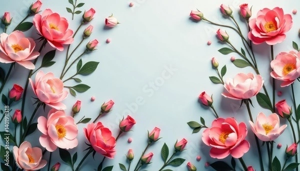 Fototapeta Scattered small blooms, repeating motif, muted tones, subtle floral, illustration, texture