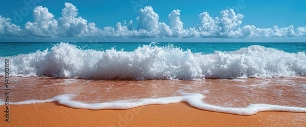 Fototapeta Ocean waves crash on shore of the beach on a sunny day. Blue sky and clouds complete scene