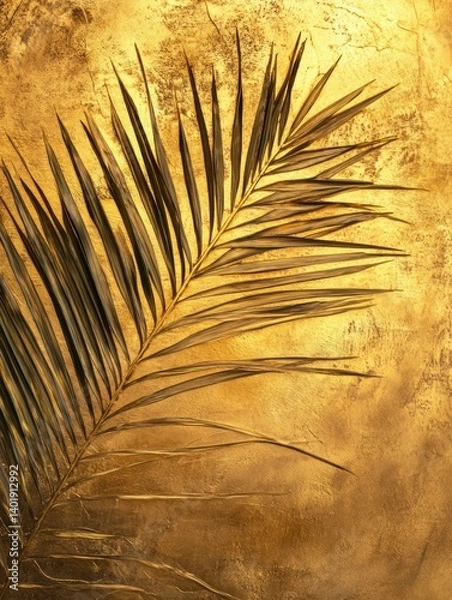 Fototapeta Palm Leaf Texture on Golden Painted Surface Creates Rich Tropical Effect