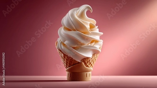 Fototapeta A tempting shot of perfectly swirled vanilla soft serve ice cream in a triangle cone, illuminated by bright, cheerful studio lighting. The soft pink background complements the creamy texture.