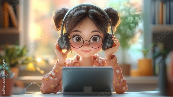 Fototapeta 3d illustration, cute cartoon customer service woman working on a phone call,image Ai