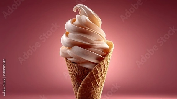 Fototapeta Appetizing, high-resolution image of a vanilla soft serve cone, perfectly swirled to perfection. The soft pink background creates a warm and inviting atmosphere.