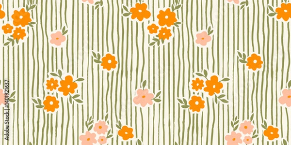 Obraz Seamless pattern with ink doodle abstract flowers and leaves on vertical stripes. Trendy aesthetic orange and green background. Hand drawn vector illustration. Boho, beach, jungle wallpaper.