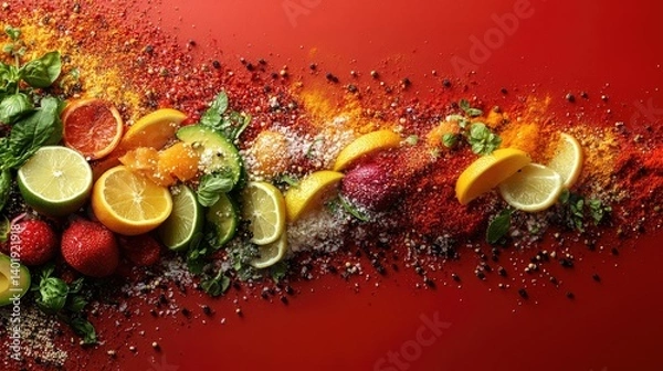 Fototapeta Vivid arrangement of fruit, herbs, spices on a crimson backdrop, creating a flavorful, vibrant texture