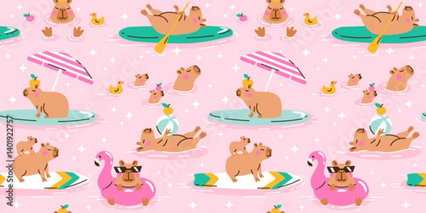 Fototapeta Seamless pattern with Cute capybara swimming in water. Hand drawn vector illustration. Naive childish background. Cool comic summer characters, kids poster, card, social media.