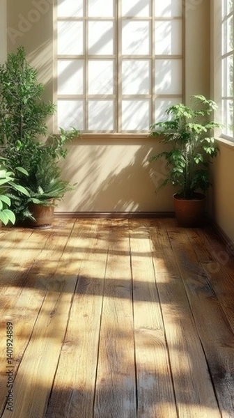 Fototapeta Sunlit room with wooden floor and plants by the window, casting shadows across the space
