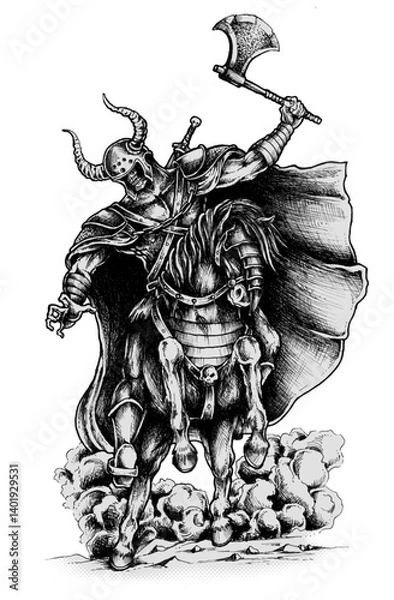 Fototapeta Knight and Steed: A fierce warrior knight in ornate armor rides a powerful steed, brandishing a battle axe in a meticulously detailed drawing, ready for conquest and glory.