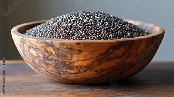 Fototapeta a wooden bowl filled with chia seeds sits on a wooden surface against a white background the chia seeds are natural showcasing their small round and speckled black and white appearance