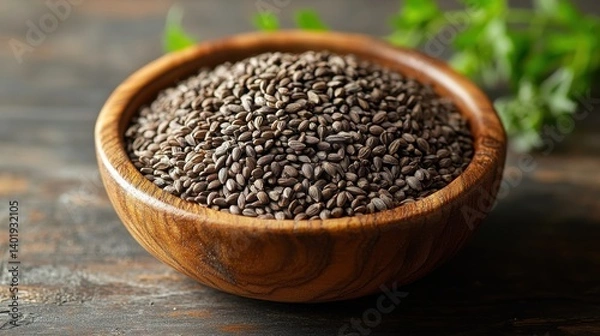 Fototapeta a wooden bowl filled with milk thistle seeds sits on a wooden surface against a plain white background the seeds are small elongated and brown with distinct white markings used for health benefits