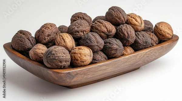 Fototapeta a wooden bowl filled with unshelled walnuts sits on a wooden surface against a white background the walnuts are natural showcasing their rough textured brown shells,stock image