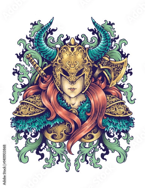 Fototapeta Hand-drawn illustration of a Valkyrie Warrior Women with beautiful red hair with Viking Armor Hined Helmet wielding folder axe and sword ready for battle. Perfect fan art for t-shirts or branding