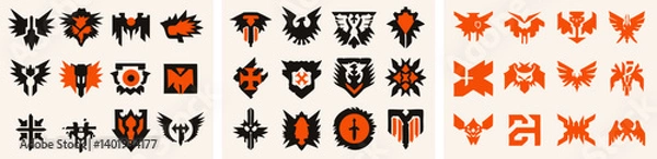 Fototapeta Tribal Symbols Collection: A diverse collection of abstract tribal symbols, featuring geometric patterns and bold colors in black and orange hues.