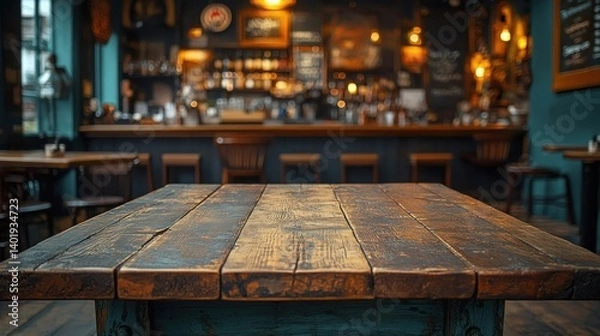 Fototapeta Rustic Wooden Table in a Cozy Pub Setting