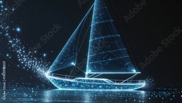 Fototapeta Futuristic Glowing Sailboat Wireframe in Dark Background with Geometric Light Particles