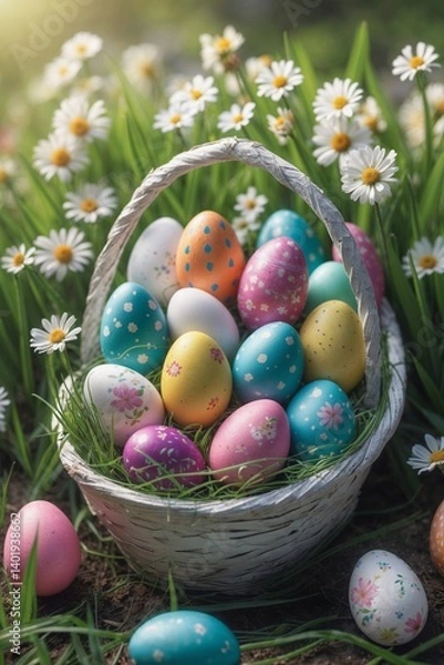 Fototapeta Vintage Easter Greeting Card with Colorful Eggs and Flowers