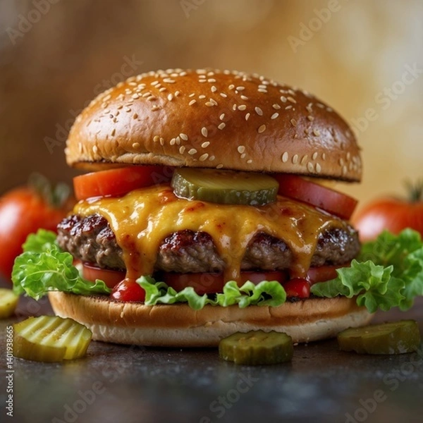 Fototapeta Juicy Cheeseburger with Melted Cheese and Fresh Toppings on Golden Background