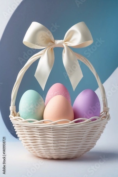 Fototapeta Minimalist Easter Basket with Pastel Eggs on Gradient Background