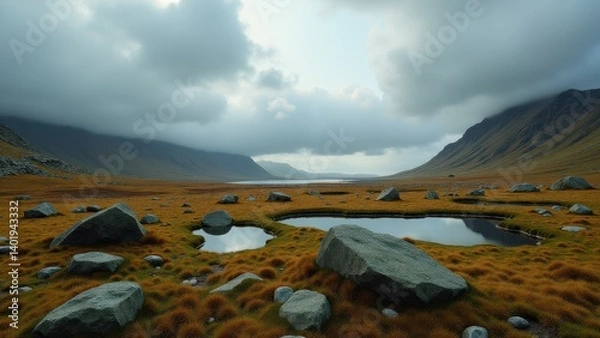 Fototapeta Remote moorland wetland with misty hills and autumn grass in overcast light	