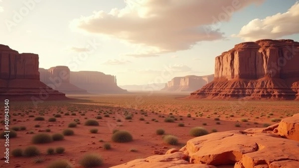 Fototapeta Desert valley with sandstone mesas and winding trail at golden sunset	