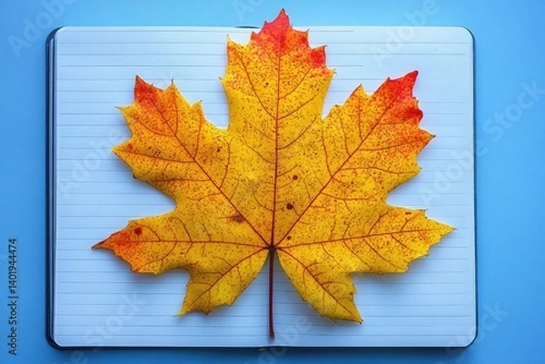 Obraz A colorful maple leaf is centered on lined notebook paper against a solid light blue backdrop