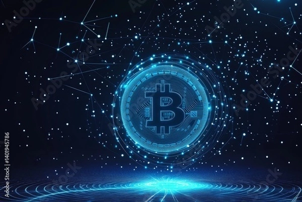 Obraz Futuristic Bitcoin Logo with Blue Glowing Lines and Geometric Shapes on Dark Background, Abstract Vector Art Symbolizing Digital Currency and Blockchain Technology