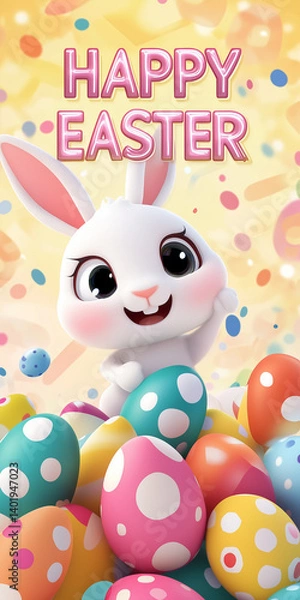 Fototapeta Close-up illustration of a stylized cartoon bunny rabbit. The bunny is predominantly white with large, expressive eyes, rosy cheeks, and a wide, happy smile. Its fur appears soft and fluffy. The