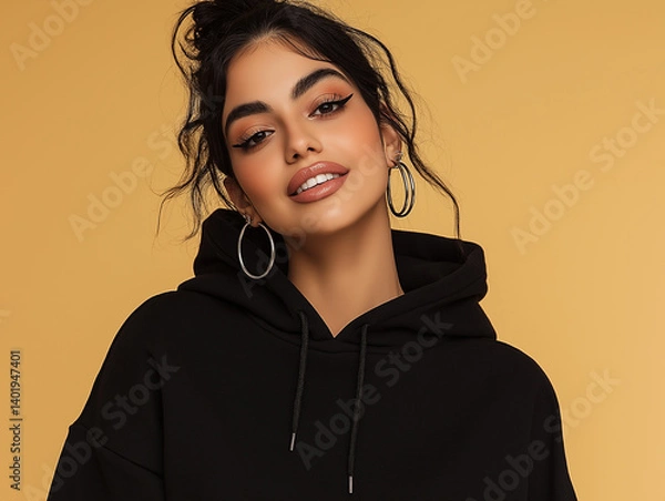 Obraz Close-up studio shot of a young woman with dark, wavy hair styled in a bun. She is wearing a black hoodie and large silver hoop earrings. Her makeup includes defined eyeliner and lip gloss. The