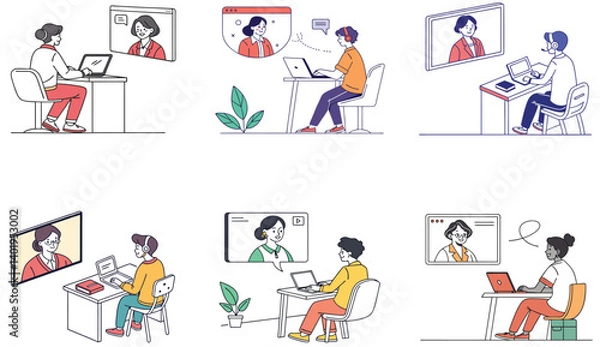 Fototapeta Flat Illustration of Online Classes and Students Engaged in Reading and Learning.