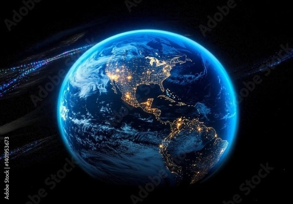 Fototapeta Earth with Global Network Connections and Digital Data Transfer at Night