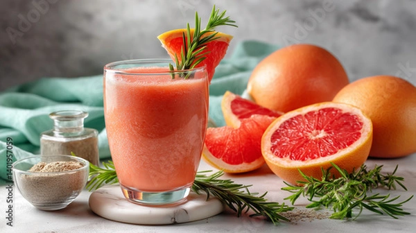 Fototapeta Refreshing grapefruit smoothie with fresh herbs and spices