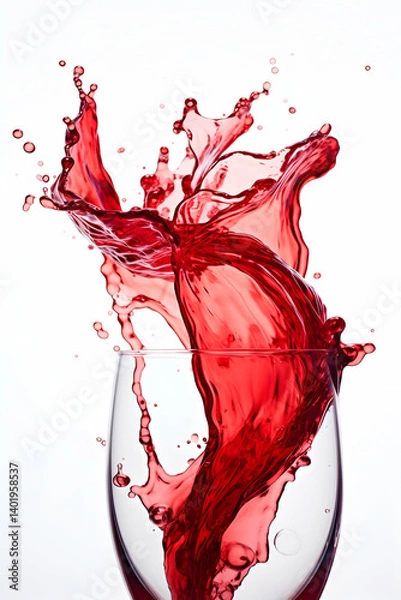 Fototapeta Vibrant red liquid splashing from a glass, isolated on a white background