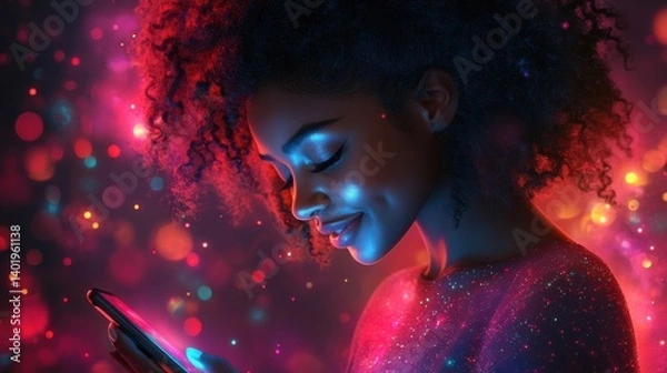 Fototapeta illustration, technology, glow, happy mixed race woman using phone with new app,stock image