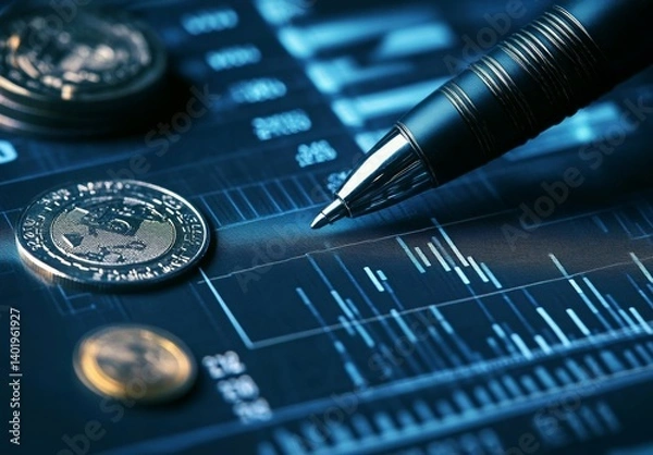 Fototapeta Close-Up of Pen Writing on Financial Chart with Coins and Graphs, Blue and Gray Tones, High-Resolution Business Analysis Concept
