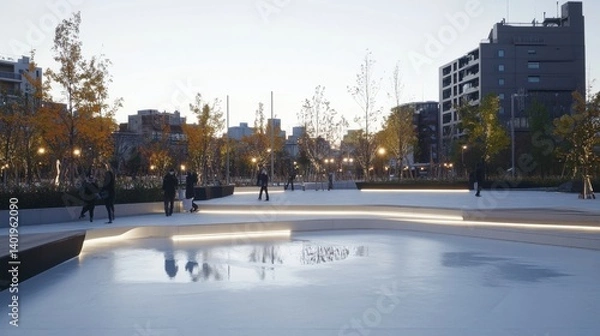Obraz Tranquil Urban Park at Dusk with Ice Rink and City Skyline in the Background