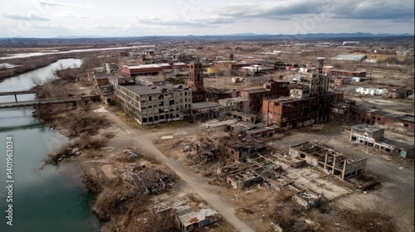 Fototapeta Aerial view of abandoned industrial complex by a river