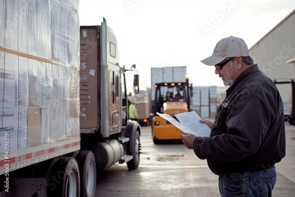 Obraz A man is reviewing paperwork near a semi truck