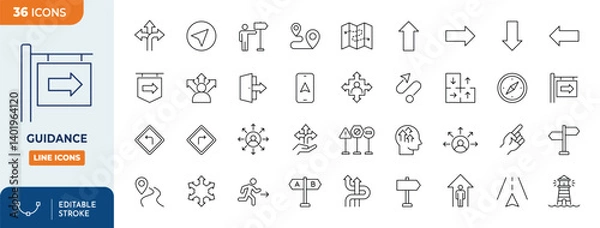 Obraz Guidance line editable icon set. Contains icons related to guidance, direction, and more. Editable stroke. Vector illustration