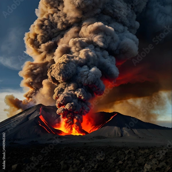 Fototapeta A powerful volcano eruption with molten lava flowing intensely down its rugged sides, capturing the raw energy of nature. The volcano is surrounded by a tumultuous scene with thick.