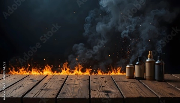 Fototapeta Dramatic Fire and Smoke Display: Metal Containers on Wooden Surface