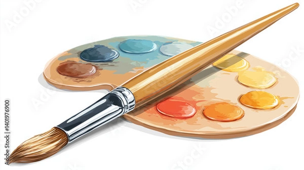 Fototapeta Vector of a paintbrush and palette icon for art class isolated on white background in flat style