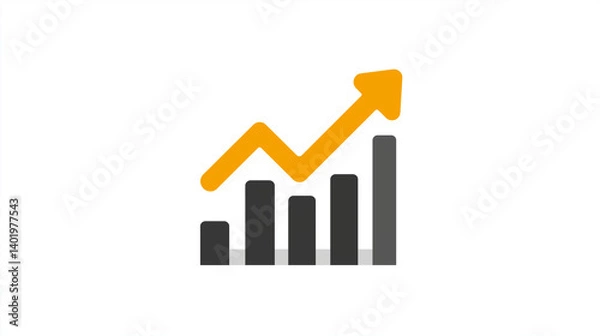 Fototapeta Flat icon of a bar chart with an upward arrow isolated on white background for business growth and financial success concepts