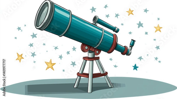 Fototapeta Telescope and stars icon for astronomy education isolated on white background in flat vector style