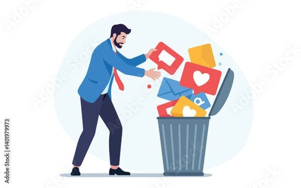 Obraz Social Media Addiction Throwing Away Likes and Notifications Smartphone Garbage Flat Design Pastel Colors Minimalist Illustration Vector