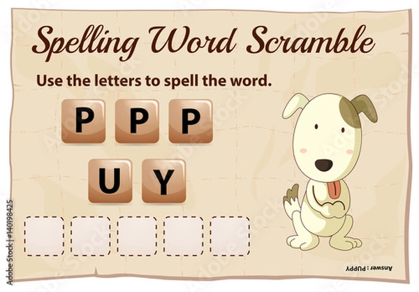 Fototapeta Spelling word scramble game with word puppy