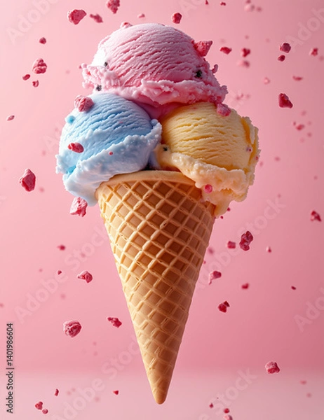 Obraz Floating Ice Cream Cone with Pink and White Scoops