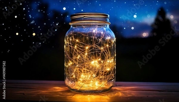 Fototapeta Tangled fairy lights glow softly inside an empty mason jar