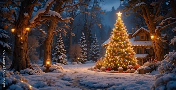 Fototapeta Magical Winter Wonderland: Illuminated Christmas Tree in Snowy Forest