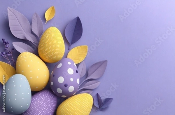 Fototapeta Colorful Easter Eggs with Leaves on a Purple Background Celebration